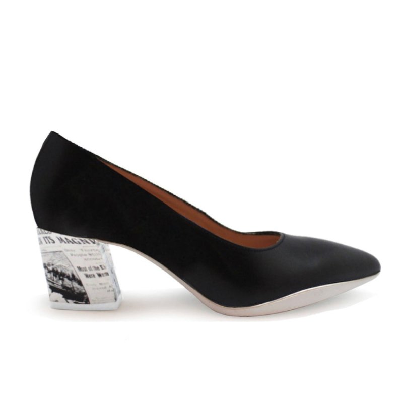 Lu Lu - Black leather with newsprint pointed low heel - Low Heel - British D'sire Main image