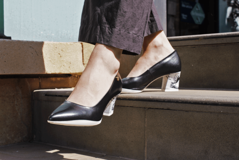 Lu Lu - Black leather with newsprint pointed low heel - Low Heel - British D'sire