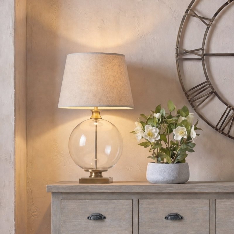 Lunel Glass Orb Table Lamp With Edged Linen Shade - Lamps - British D'sire