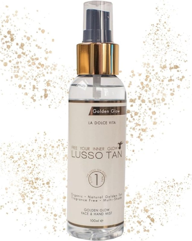 Lusso Tan Golden Glow Mist for Face and Hands – Light, Organic, Vegan and Cruelty-Free Tinted Gradual Self-Tanning Spray in Natural Golden Tan with Vitamins. Instant-drying, Streak-Free. - British D'sire Main image