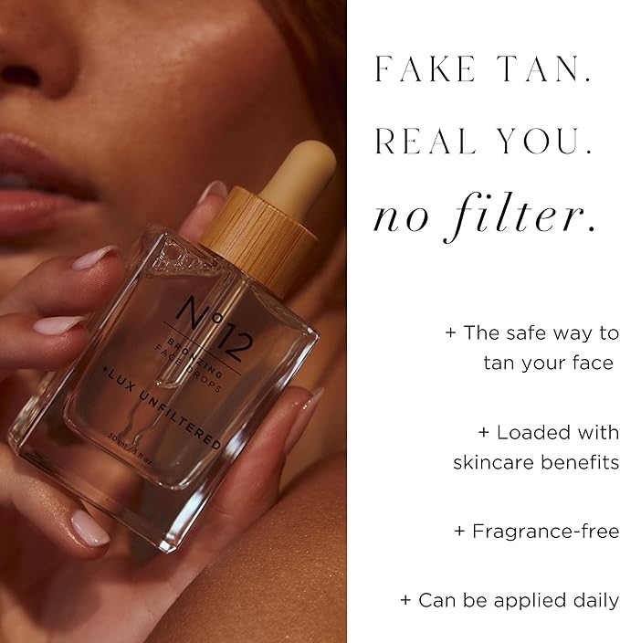 Lux Unfiltered N°12 Bronzing Face Drops in Fragrance Free, Self Tanning Face Drops, Hyaluronic Acid, Vitamin E, Passionfruit Oil, Gluten Free, Cruelty Free + Vegan Free Self Tanner - British D'sire