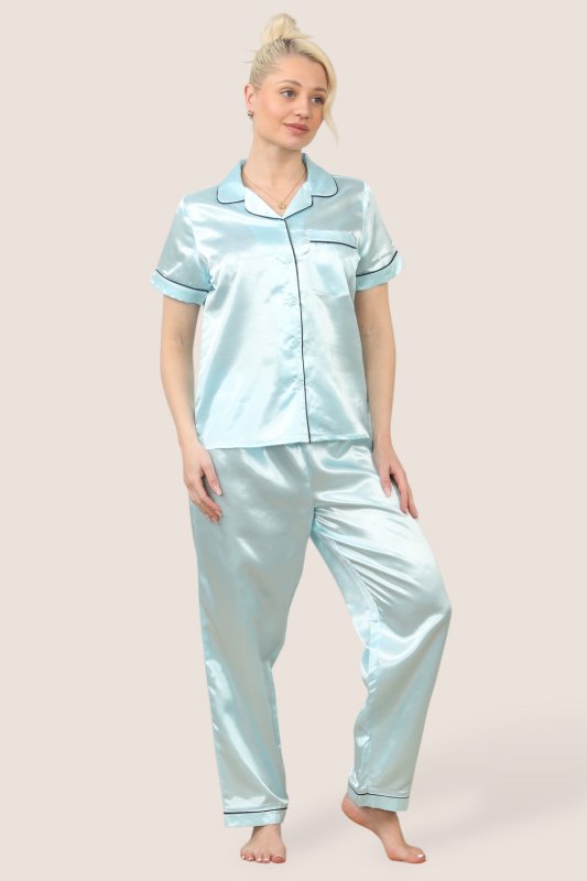 Luxe Satin Short Sleeve PJ Set – BABY BLUE - Loungewear pjs - British D'sire