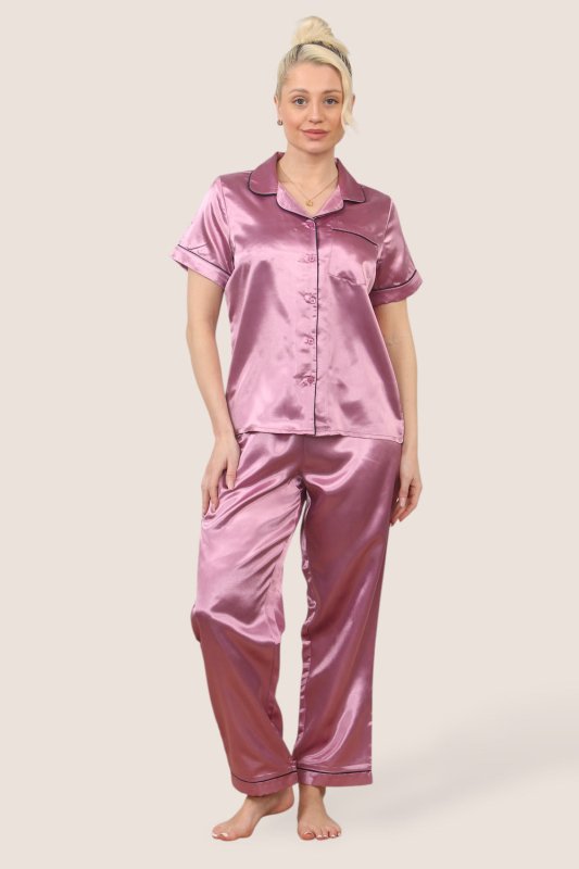 Luxe Satin Short Sleeve PJ Set – DUSKY PINK - Loungewear pjs - British D'sire Main image