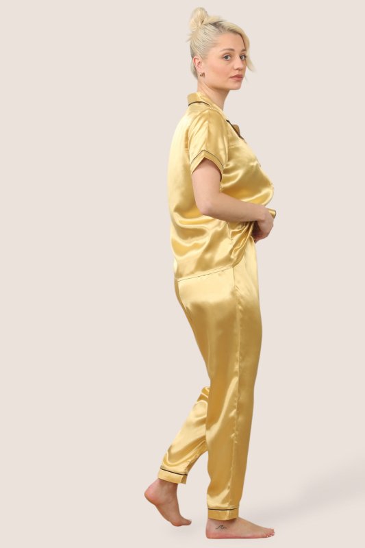 Luxe Satin Short Sleeve PJ Set – Gold Glamour - Loungewear pjs - British D'sire