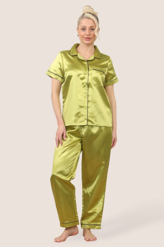 Luxe Satin Short Sleeve PJ Set – GOLDEN GREEN - Loungewear pjs - British D'sire
