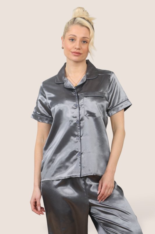Luxe Satin Short Sleeve PJ Set – GREY - Loungewear pjs - British D'sire