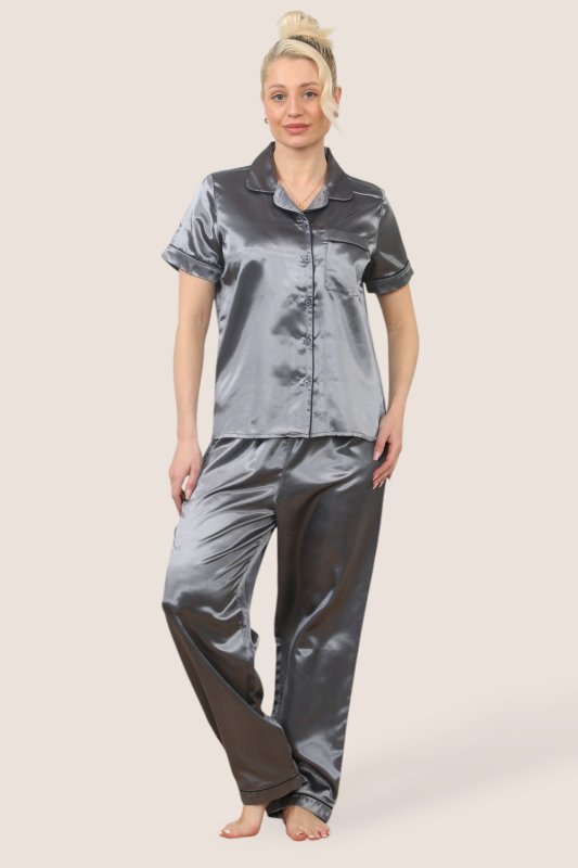 Luxe Satin Short Sleeve PJ Set – GREY - Loungewear pjs - British D'sire Main image