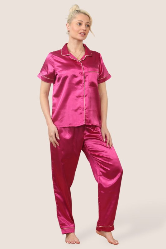 Luxe Satin Short Sleeve PJ Set – HOT PINK Secondary image