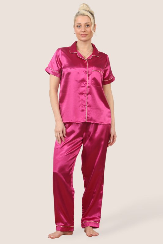 Luxe Satin Short Sleeve PJ Set – HOT PINK - Loungewear pjs - British D'sire Main image
