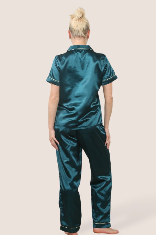 Luxe Satin Short Sleeve PJ Set – TEAL BLUE - Loungewear pjs - British D'sire
