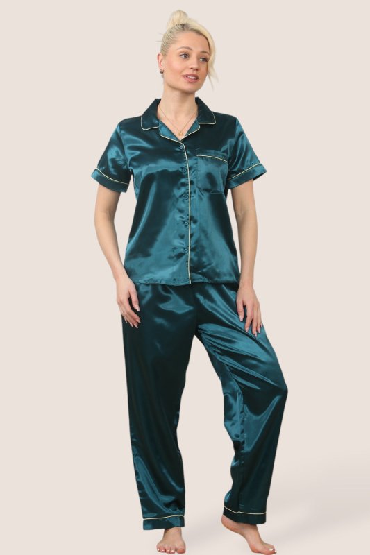 Luxe Satin Short Sleeve PJ Set – TEAL BLUE - Loungewear pjs - British D'sire
