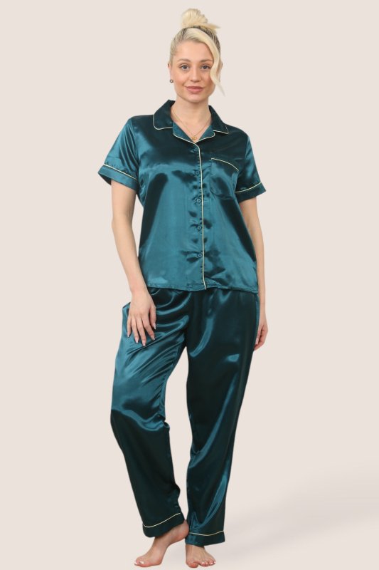 Luxe Satin Short Sleeve PJ Set – TEAL BLUE - Loungewear pjs - British D'sire Main image
