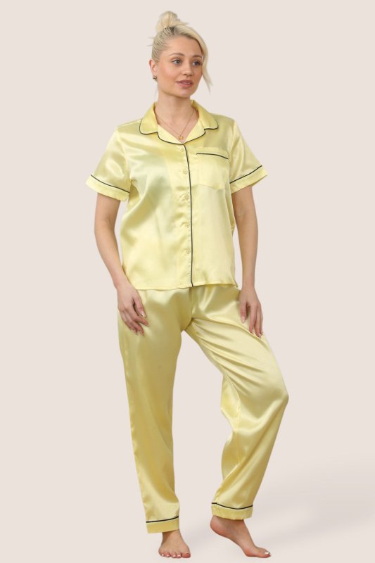 Luxe Satin Short Sleeve PJ Set – YELLOW - Loungewear pjs - British D'sire