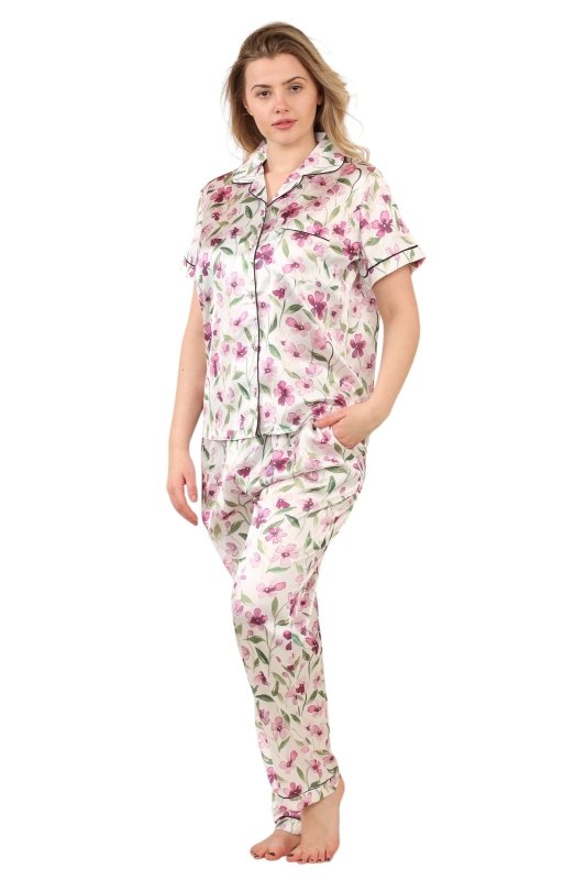 Luxury Floral Satin Pajama Set for Women - Short Sleeve Button - Up Top and Long Pants With pockets - Loungewear - British D'sire