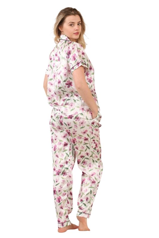 Luxury Floral Satin Pajama Set for Women - Short Sleeve Button - Up Top and Long Pants With pockets - Loungewear - British D'sire