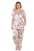 Luxury Floral Satin Pajama Set for Women - Short Sleeve Button - Up Top and Long Pants With pockets - Loungewear - British D'sire
