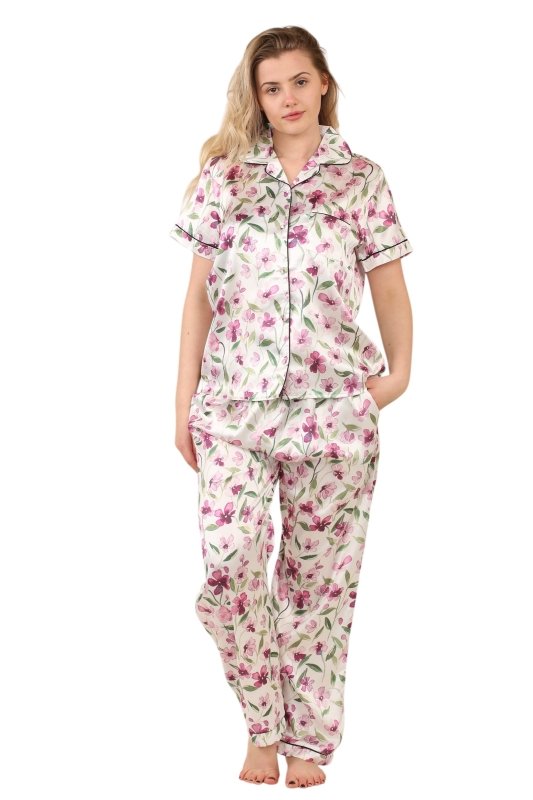 Luxury Floral Satin Pajama Set for Women - Short Sleeve Button - Up Top and Long Pants With pockets - Loungewear - British D'sire