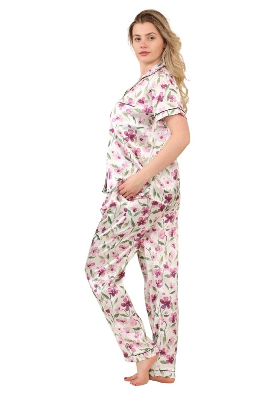 Luxury Floral Satin Pajama Set for Women - Short Sleeve Button - Up Top and Long Pants With pockets - Loungewear - British D'sire