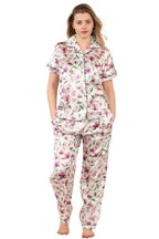 Luxury Floral Satin Pajama Set for Women - Short Sleeve Button - Up Top and Long Pants With pockets - Loungewear - British D'sire