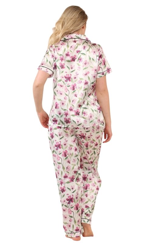 Luxury Floral Satin Pajama Set for Women - Short Sleeve Button - Up Top and Long Pants With pockets - Loungewear - British D'sire