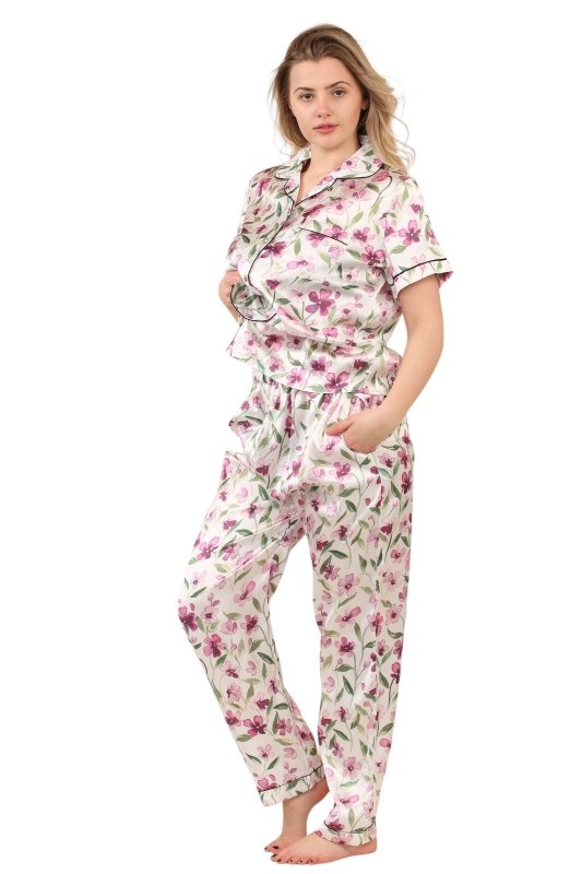 Luxury Floral Satin Pajama Set for Women - Short Sleeve Button - Up Top and Long Pants With pockets - Loungewear - British D'sire