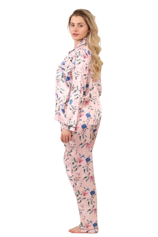 Luxury Satin Floral Pyjama Set – Long Sleeve, Button - Up & Pockets - Loungewear - British D'sire