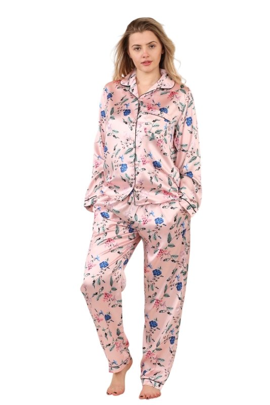 Luxury Satin Floral Pyjama Set – Long Sleeve, Button - Up & Pockets - Loungewear - British D'sire Main image