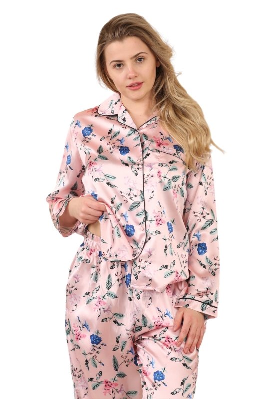 Luxury Satin Floral Pyjama Set – Long Sleeve, Button - Up & Pockets - Loungewear - British D'sire