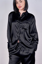 Luxury Satin Pyjama Set Black – Button Detail Sleeve & Pocket Trousers - Loungewear pjs - British D'sire
