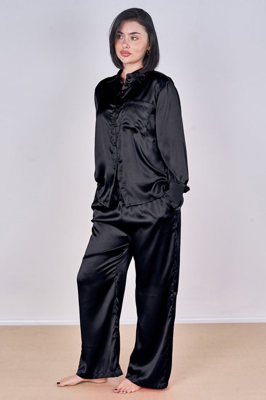 Luxury Satin Pyjama Set Black – Button Detail Sleeve & Pocket Trousers - Loungewear pjs - British D'sire