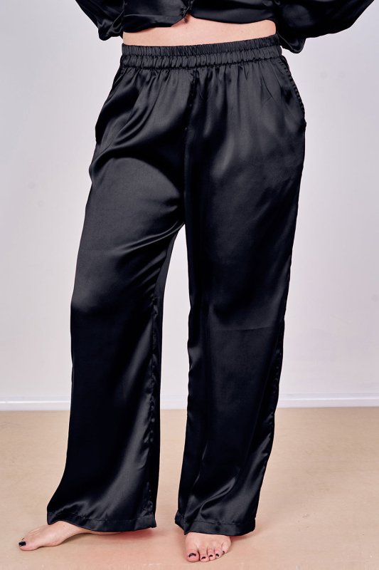 Luxury Satin Pyjama Set Black – Button Detail Sleeve & Pocket Trousers - Loungewear pjs - British D'sire