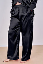 Luxury Satin Pyjama Set Black – Button Detail Sleeve & Pocket Trousers - Loungewear pjs - British D'sire