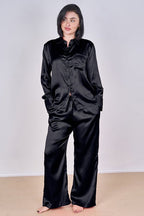 Luxury Satin Pyjama Set Black – Button Detail Sleeve & Pocket Trousers - Loungewear pjs - British D'sire