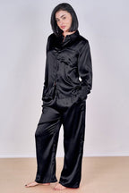 Luxury Satin Pyjama Set Black – Button Detail Sleeve & Pocket Trousers - Loungewear pjs - British D'sire