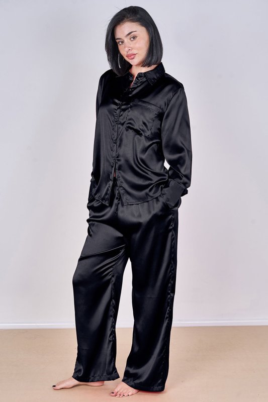 Luxury Satin Pyjama Set Black – Button Detail Sleeve & Pocket Trousers - Loungewear pjs - British D'sire