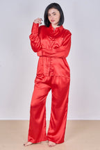Luxury Satin Pyjama Set – Button Detail Sleeve & Pocket Trousers - Loungewear pjs - British D'sire