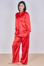 Luxury Satin Pyjama Set – Button Detail Sleeve & Pocket Trousers - Loungewear pjs - British D'sire