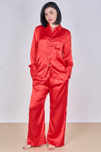 Luxury Satin Pyjama Set – Button Detail Sleeve & Pocket Trousers - Loungewear pjs - British D'sire