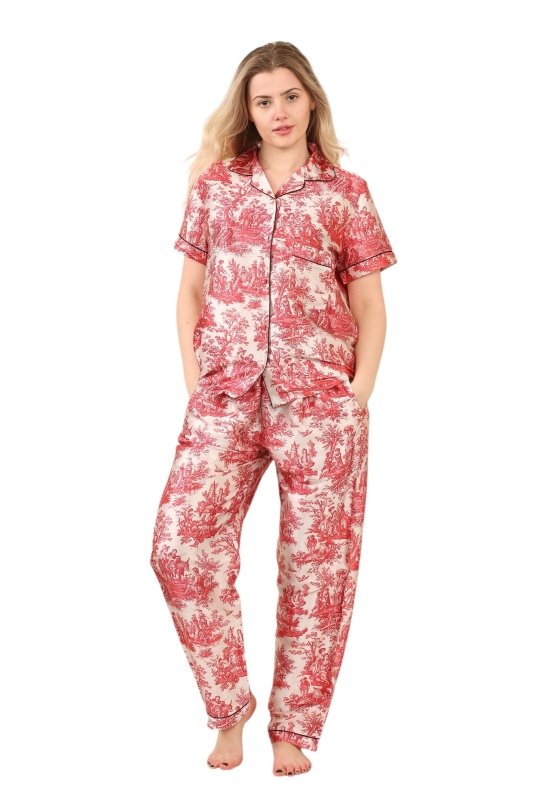 Luxury Satin Toile Print Pyjama Set – Short Sleeve, Button - Up & Pockets - Loungewear - British D'sire