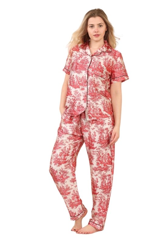 Luxury Satin Toile Print Pyjama Set – Short Sleeve, Button - Up & Pockets - Loungewear - British D'sire