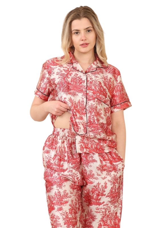 Luxury Satin Toile Print Pyjama Set – Short Sleeve, Button - Up & Pockets - Loungewear - British D'sire