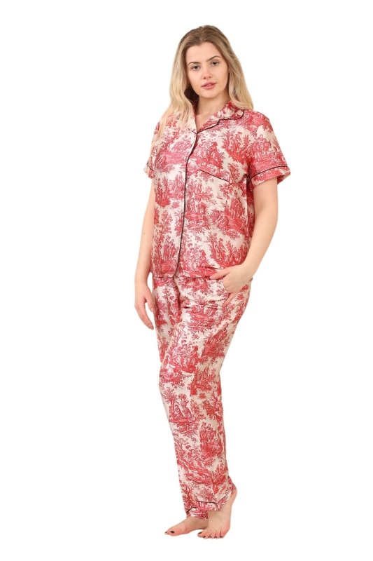 Luxury Satin Toile Print Pyjama Set – Short Sleeve, Button - Up & Pockets - Loungewear - British D'sire