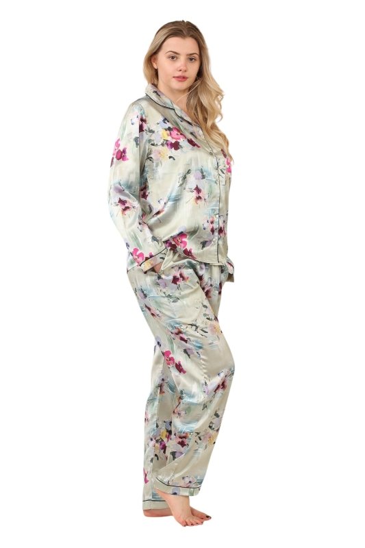 Luxury Satin Watercolour Floral Pyjama Set – Long Sleeve, Button - Up & Pockets - Loungewear - British D'sire Main image