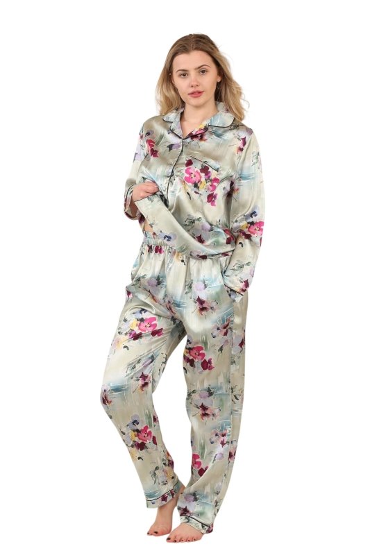 Luxury Satin Watercolour Floral Pyjama Set – Long Sleeve, Button - Up & Pockets - Loungewear - British D'sire