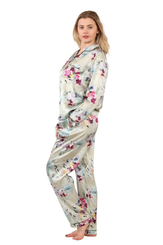 Luxury Satin Watercolour Floral Pyjama Set – Long Sleeve, Button - Up & Pockets - Loungewear - British D'sire
