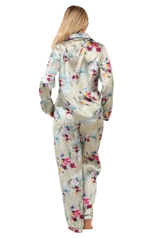 Luxury Satin Watercolour Floral Pyjama Set – Long Sleeve, Button - Up & Pockets - Loungewear - British D'sire