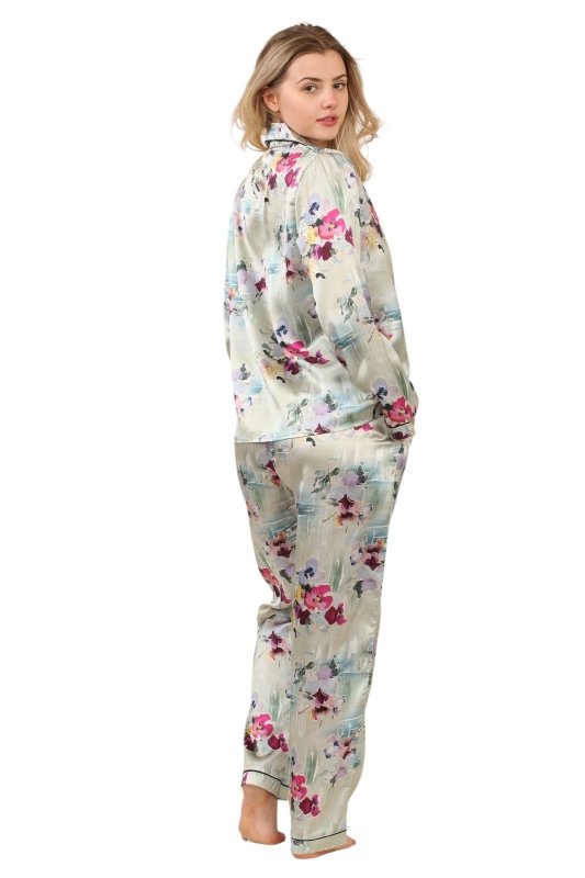Luxury Satin Watercolour Floral Pyjama Set – Long Sleeve, Button - Up & Pockets - Loungewear - British D'sire