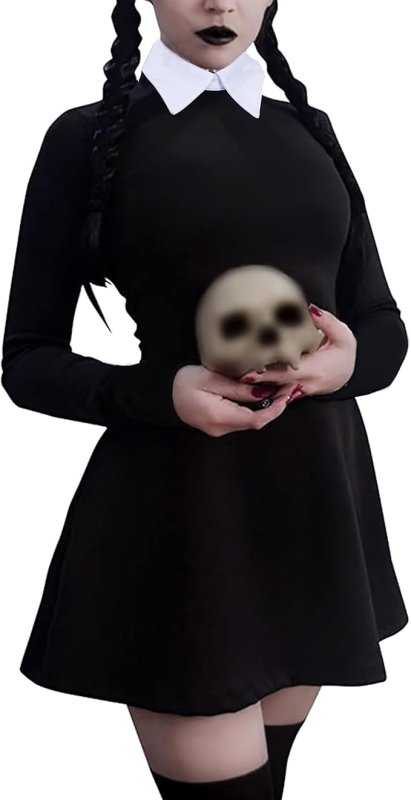 LUYANA Halloween Costumes for Adult Women Long Sleeve Black Dress Wednesday Addams Dress - Dresses - British D'sire Main image