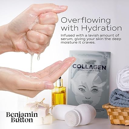Madam Wellness Benjamin Button® Hydrolysed Collagen & Hyaluronic Acid Face Mask, Pack of 5 | Instant Plumping & Anti - Aging Korean Beauty Treatment | For All Skin Types | Enriched with Collagen & Hyaluronic Acid for Hydration & Skin Firmness - Face mask - British D'sire