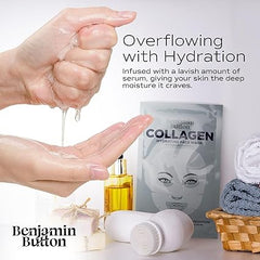 Madam Wellness Benjamin Button® Hydrolysed Collagen & Hyaluronic Acid Face Mask, Pack of 5 | Instant Plumping & Anti - Aging Korean Beauty Treatment | For All Skin Types | Enriched with Collagen & Hyaluronic Acid for Hydration & Skin Firmness - Face mask - British D'sire